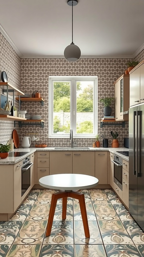 A U-shaped kitchen featuring geometric patterns on the walls and floor, with modern cabinets and an inviting round table.