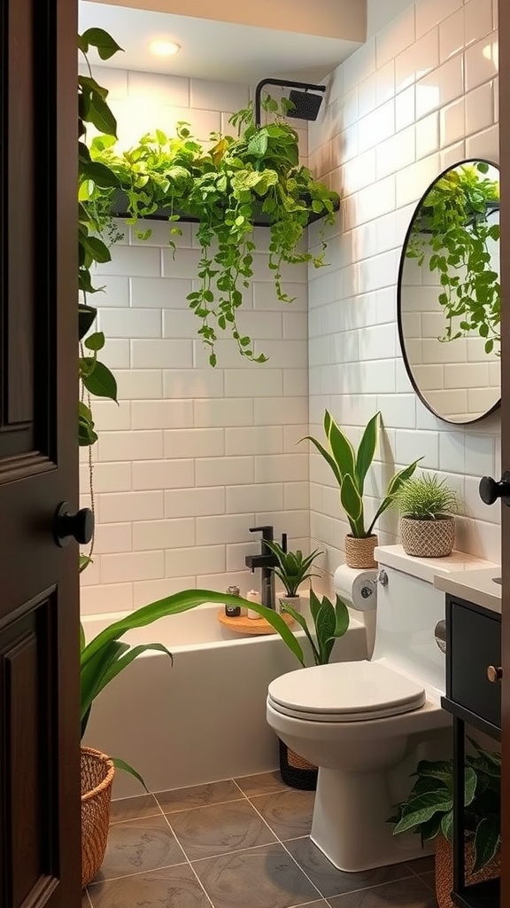 A small transitional bathroom featuring various plants, a round mirror, and white tile walls.