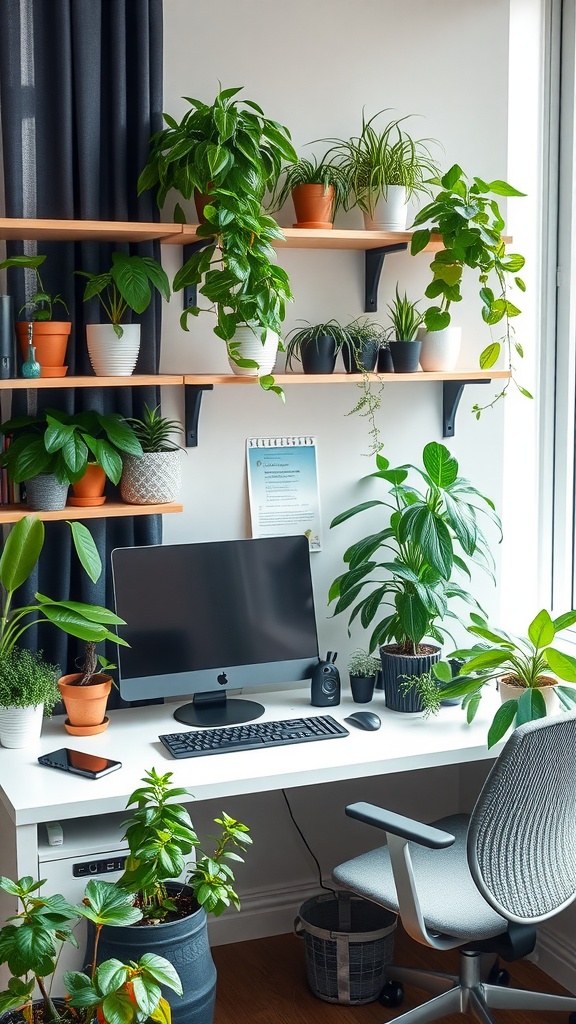 A small home office with a desk, computer, and numerous plants on shelves and the desk