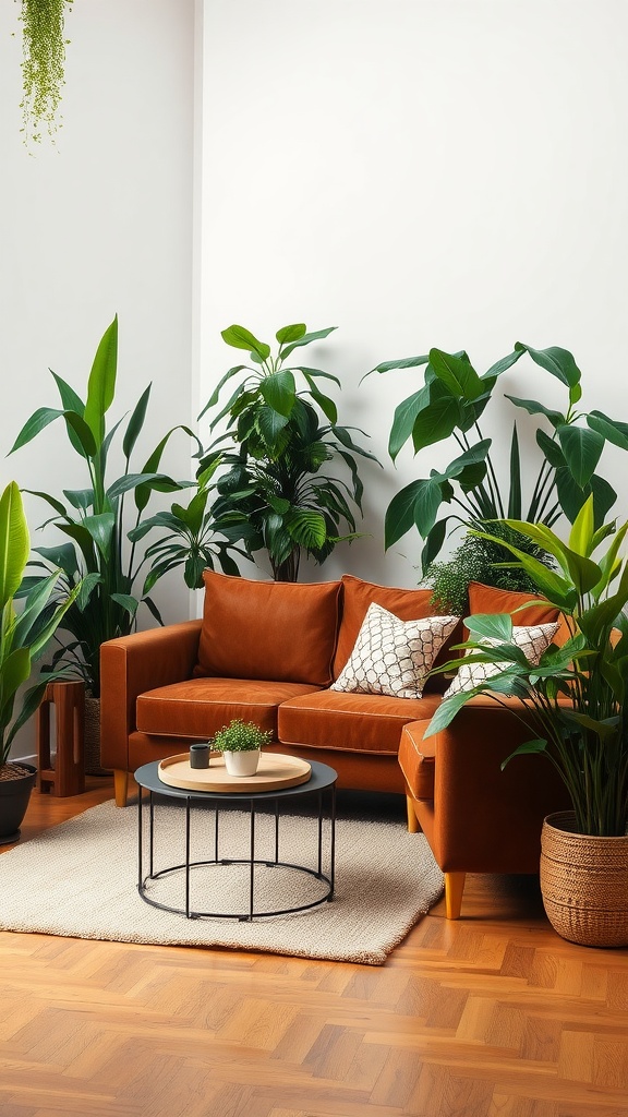 A cozy living room featuring a brown couch surrounded by various indoor plants, including a coffee table and soft rug.