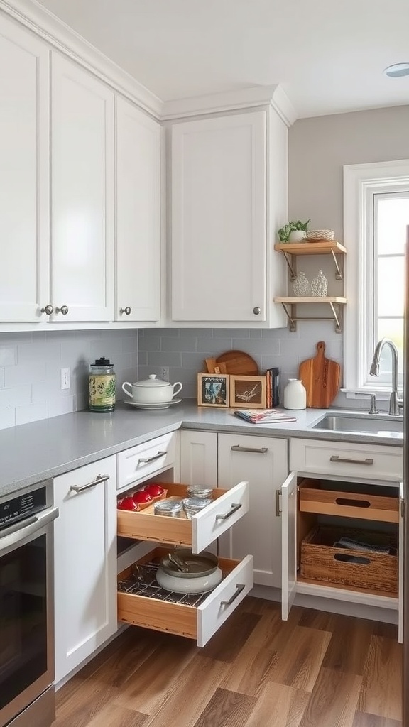 A stylish U-shaped kitchen with hidden storage solutions, featuring organized drawers and open shelving.