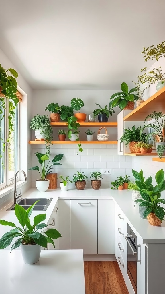 A bright U-shaped kitchen featuring various indoor plants on shelves and countertops.