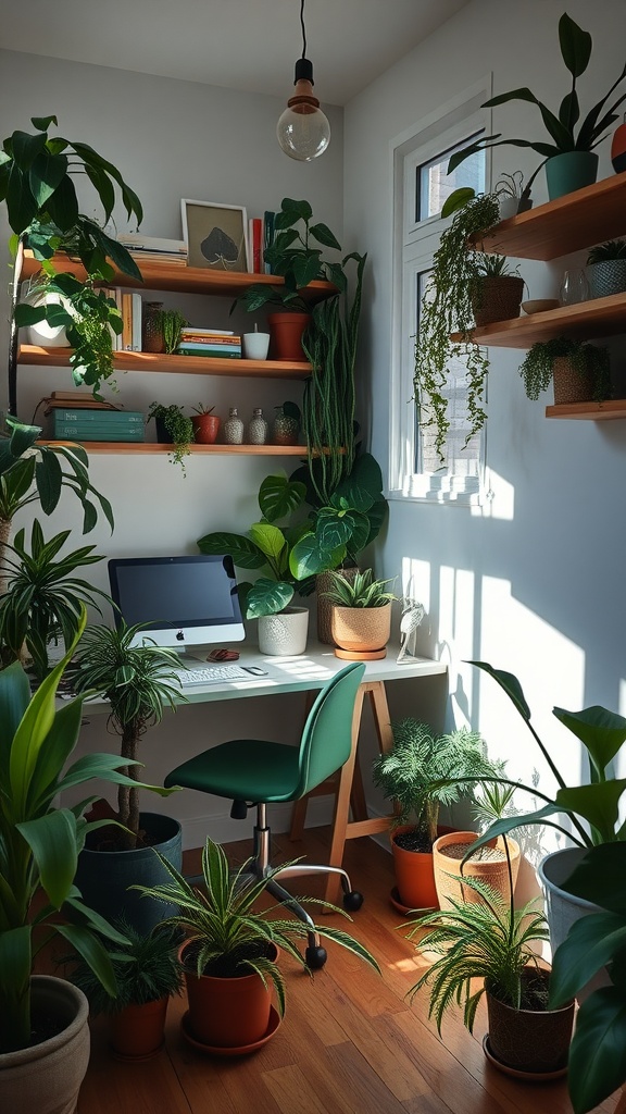 A small home office with various indoor plants surrounding a white desk and computer.