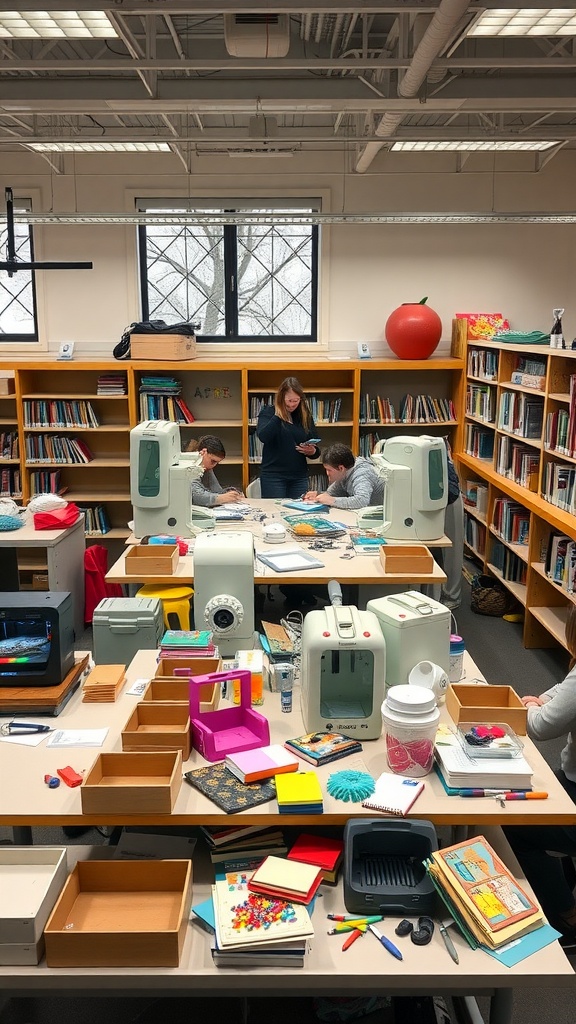 A maker space in a library filled with crafting materials and people working together