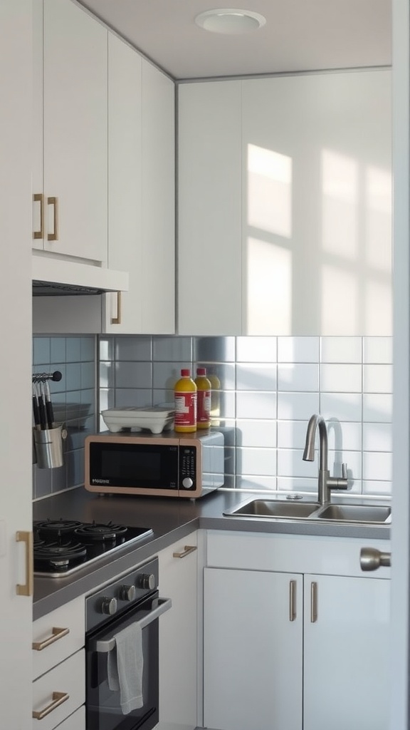 A small modern kitchen with light colors and reflective surfaces