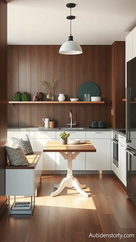 A modern kitchen with multi-functional furniture including a small table, storage bench, and open shelves