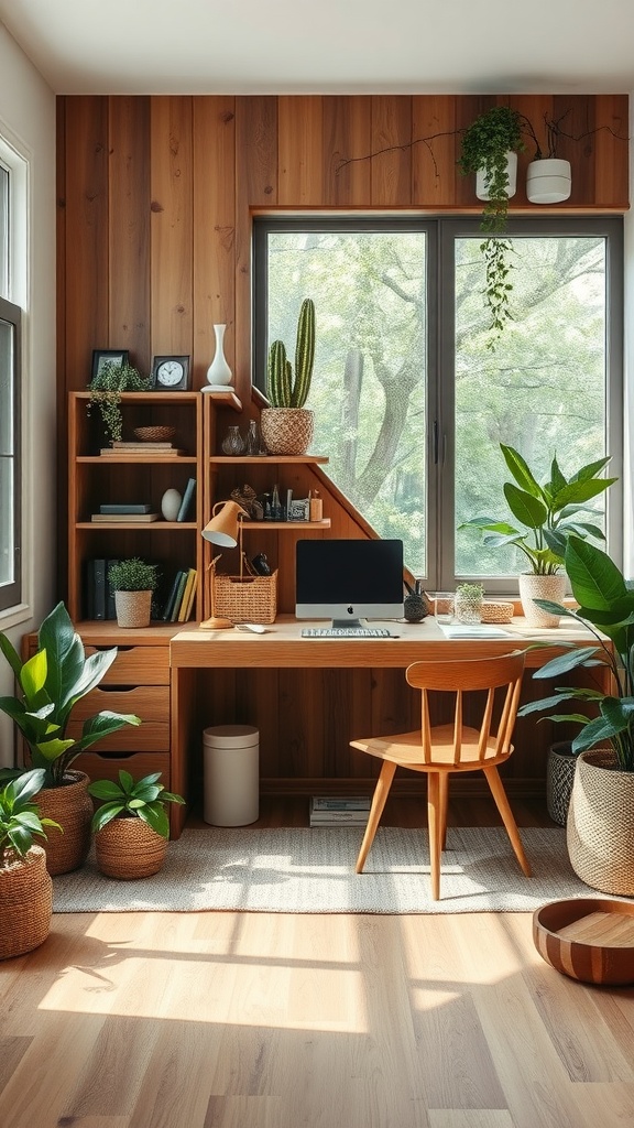 Cozy home office with natural elements like wooden walls and potted plants