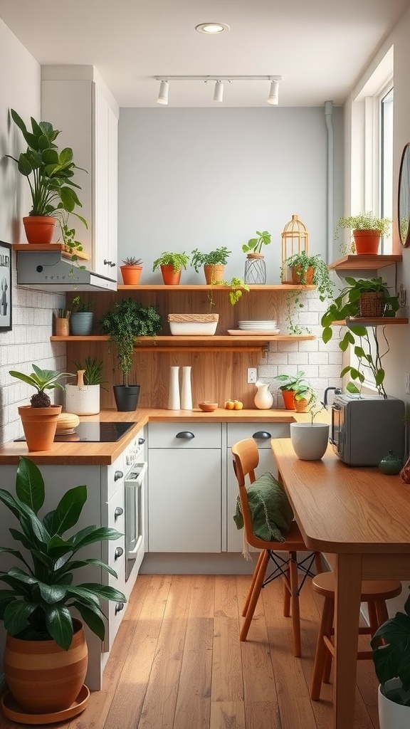 A small apartment kitchen with plants, wooden shelves, and a cozy dining area.