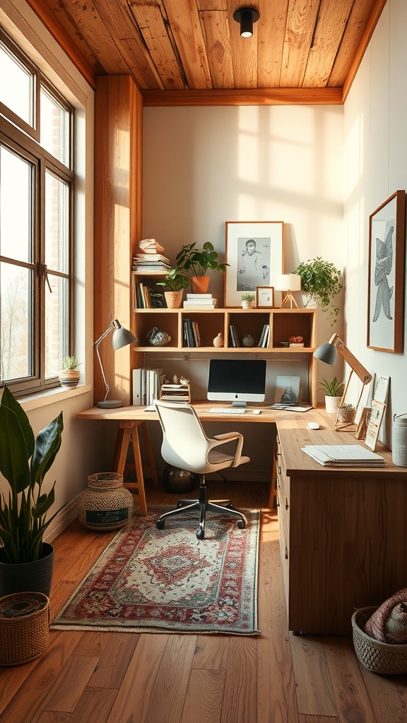 Cozy small home office with wooden beams, plants, and natural light