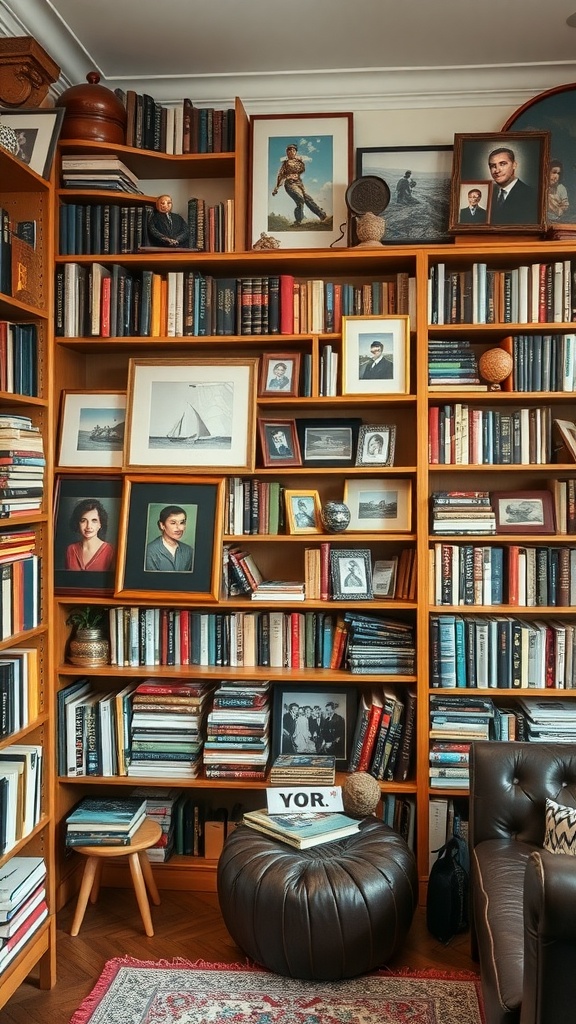 A cozy home library featuring a wooden bookshelf filled with books and personal photographs, alongside a comfortable seating area.