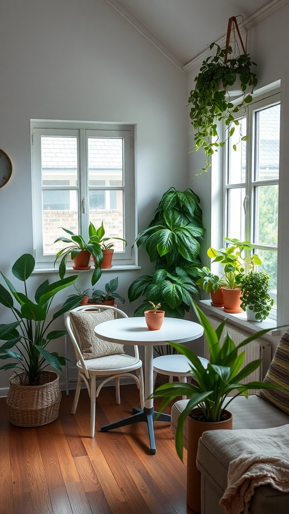 A small living room corner with a round dining table, chairs, and various green plants in pots near the windows.