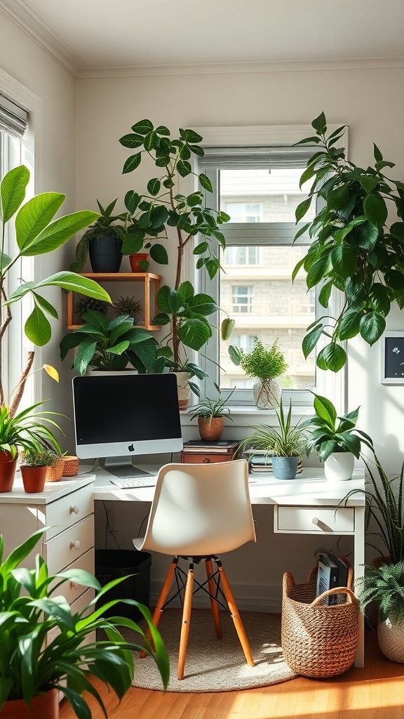 A cozy home office with a white desk and multiple indoor plants creating a fresh atmosphere.