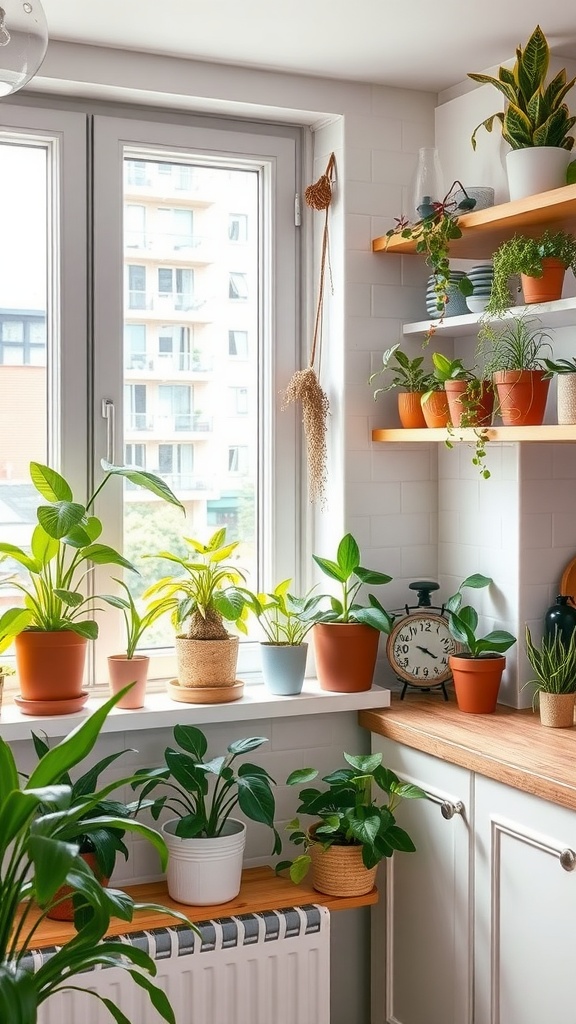 A bright kitchen filled with various potted plants on shelves and windowsills.