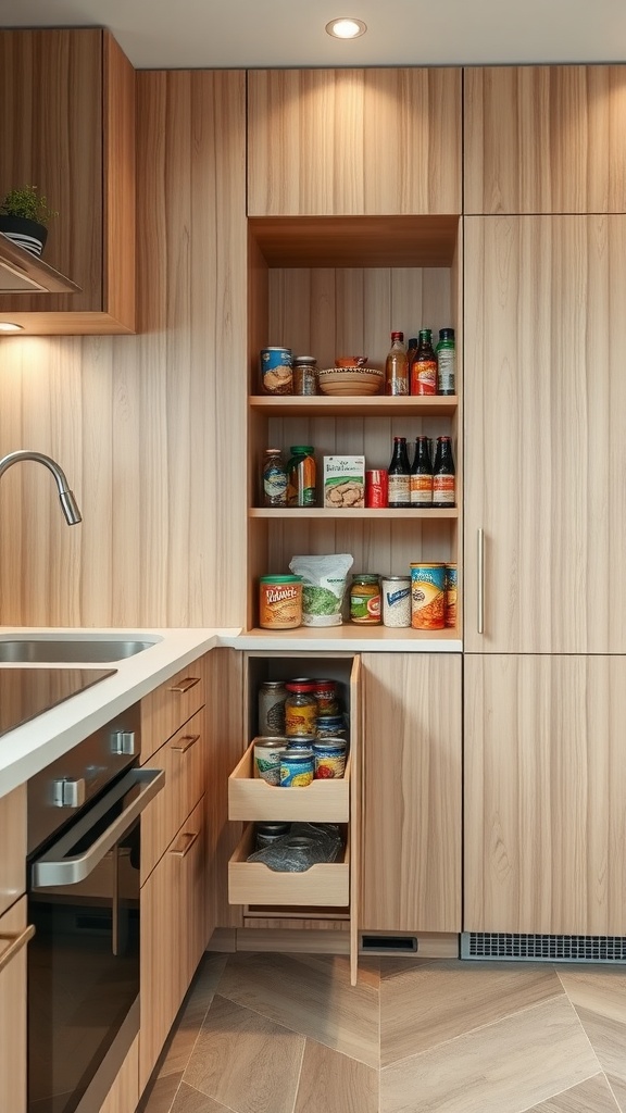 A modern kitchen featuring a pull-out pantry with neatly organized shelves