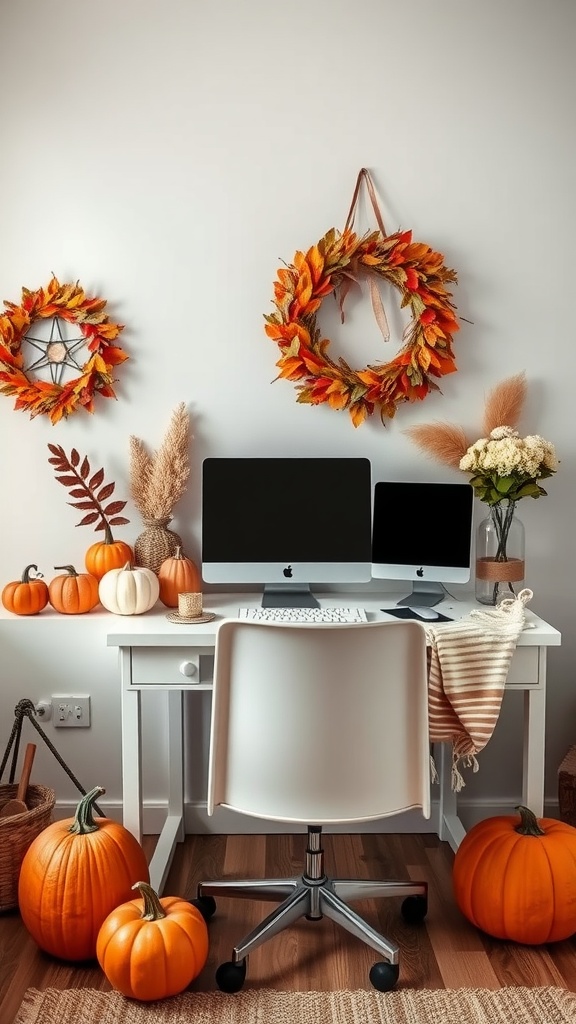 A cozy fall home office with pumpkins, wreaths, and modern workspace