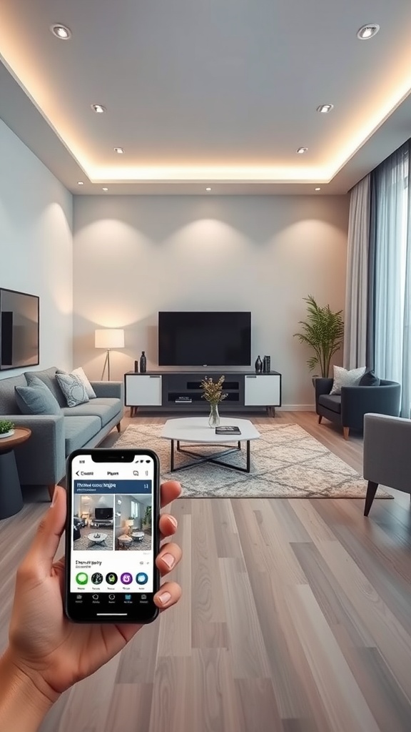 A hand holding a smartphone displaying smart lighting options in a modern living room