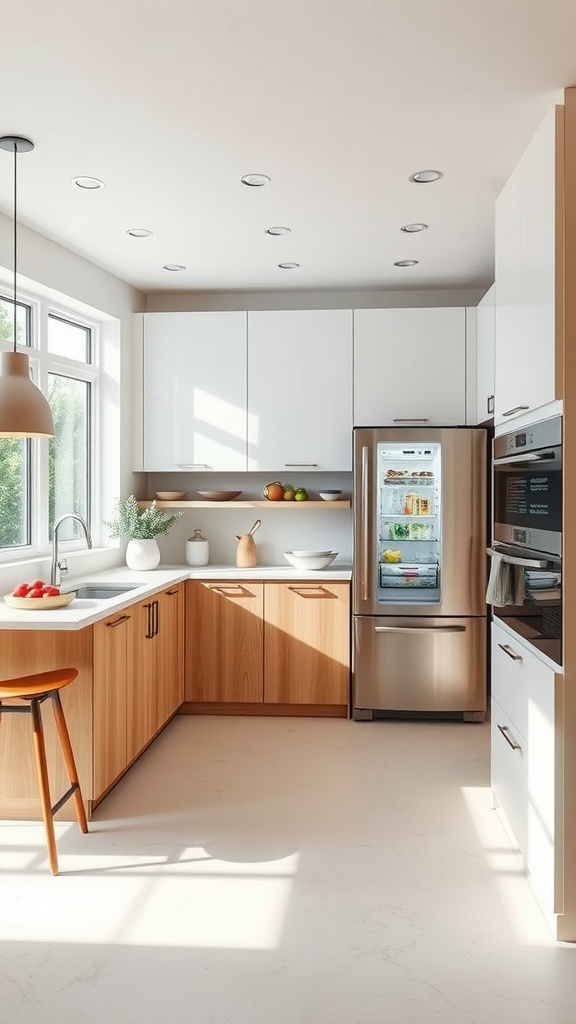 A modern U-shaped kitchen featuring wooden cabinetry, sleek appliances, and ample natural light.