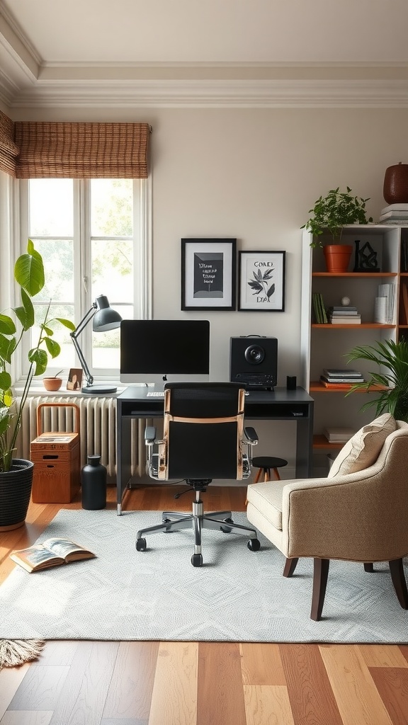 A cozy fall home office featuring a desk with a computer and speakers, surrounded by plants, warm lighting, and stylish decor.