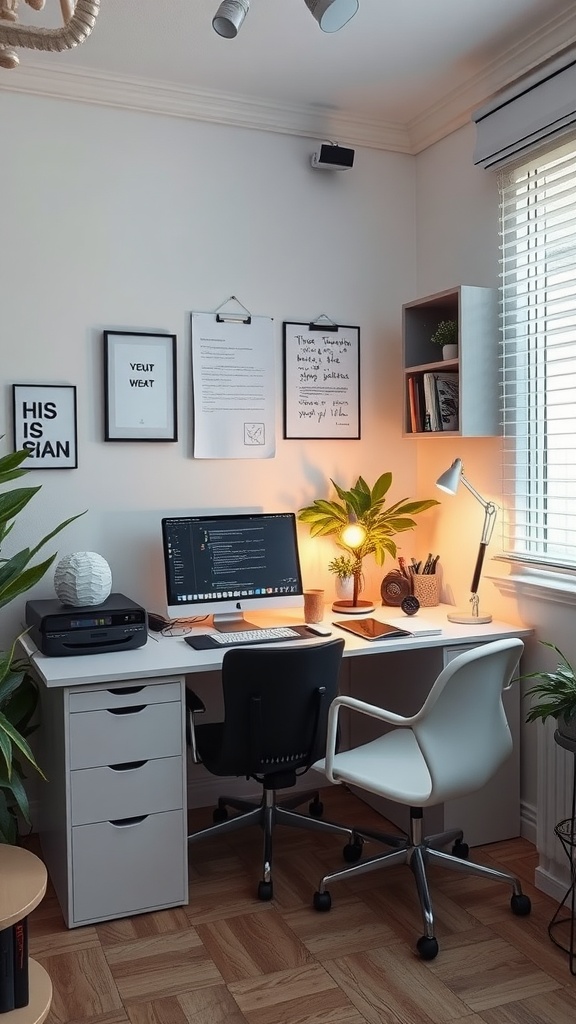 A small home office with a clean desk, computer, printer, and plants, showcasing a modern workspace.