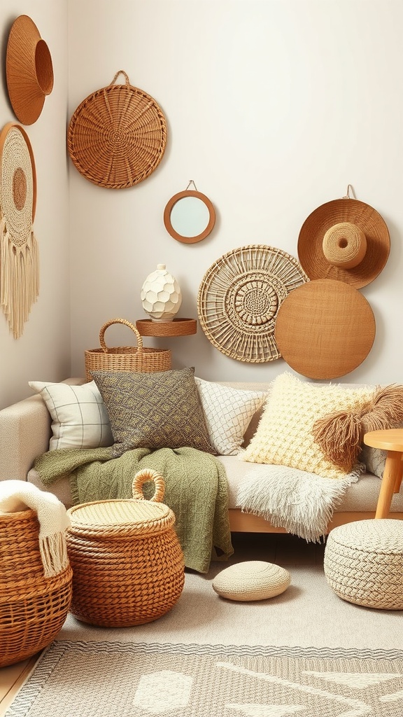 A cozy corner in a living room showcasing various textures with woven wall decor, cushions, and natural materials.