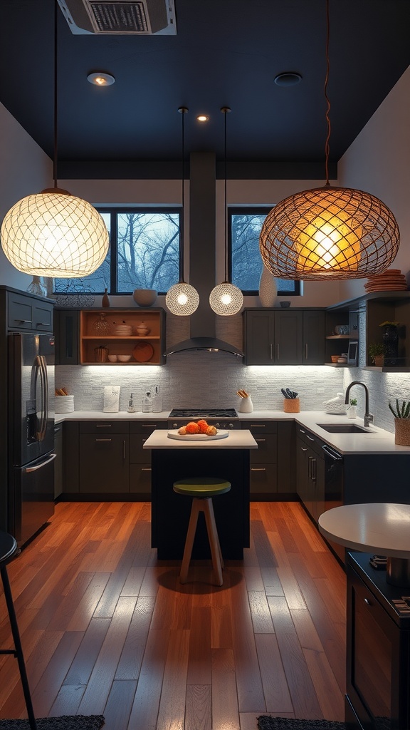 A modern U-shaped kitchen with unique pendant lighting fixtures and dark cabinetry.