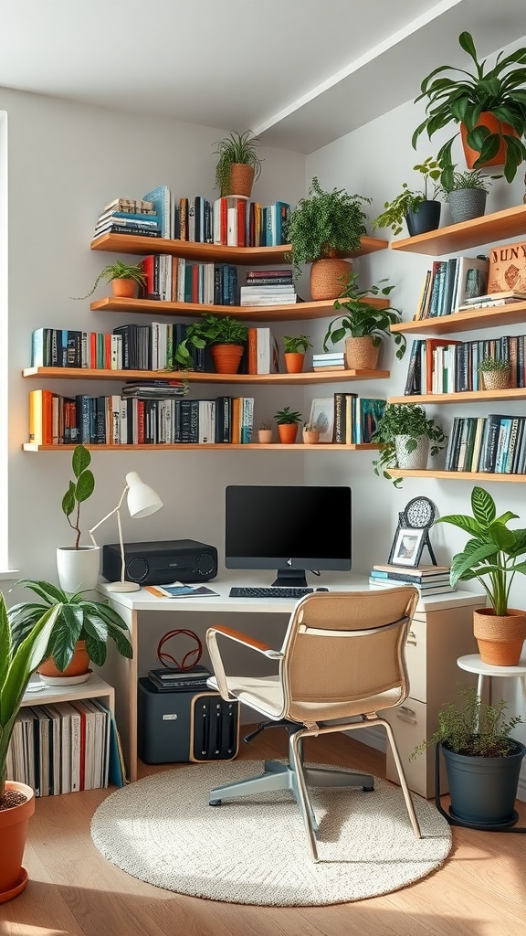 A cozy small home office featuring floating shelves filled with books and plants.