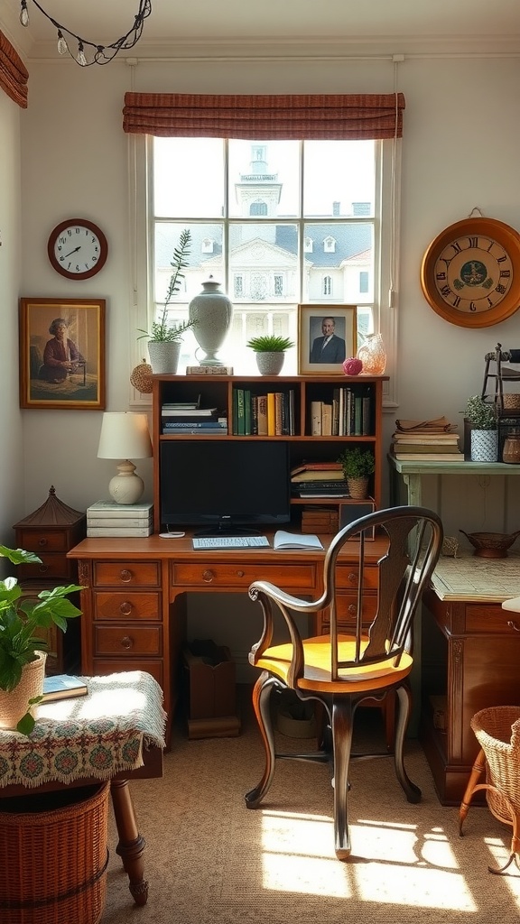 A vintage-inspired home office featuring a wooden desk, classic chair, and cozy decor.