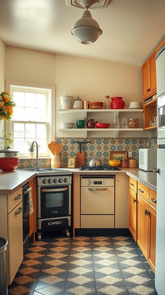 A cozy U-shaped kitchen featuring vintage elements with wooden cabinets, patterned floor tiles, and colorful kitchenware.