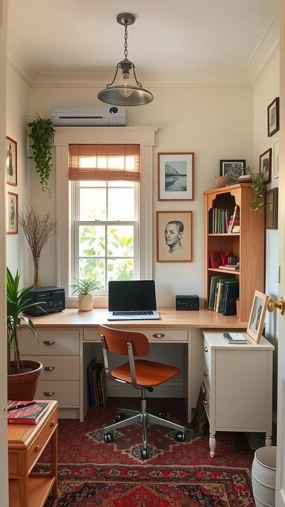 A cozy small home office with vintage elements, featuring a desk by a window, wooden bookcase, and natural decor.