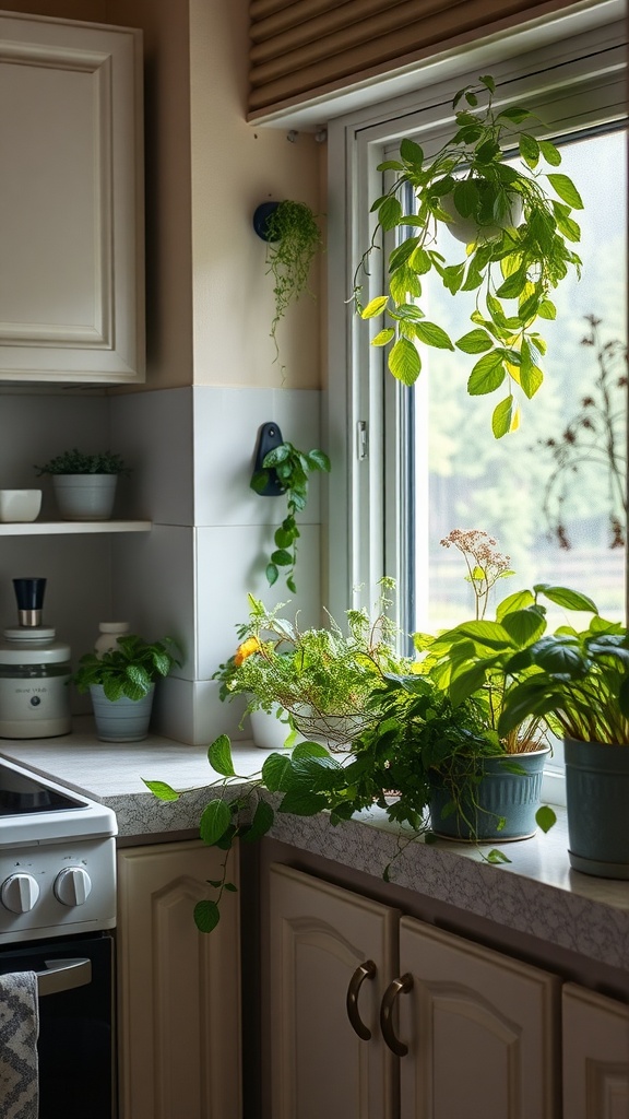 Indoor herb garden in a small kitchen with plants by the window