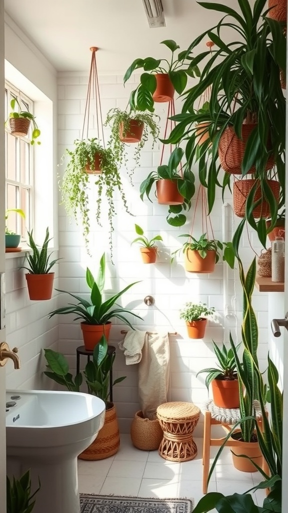 A bright bathroom filled with various indoor plants, showcasing greenery around a bathtub.