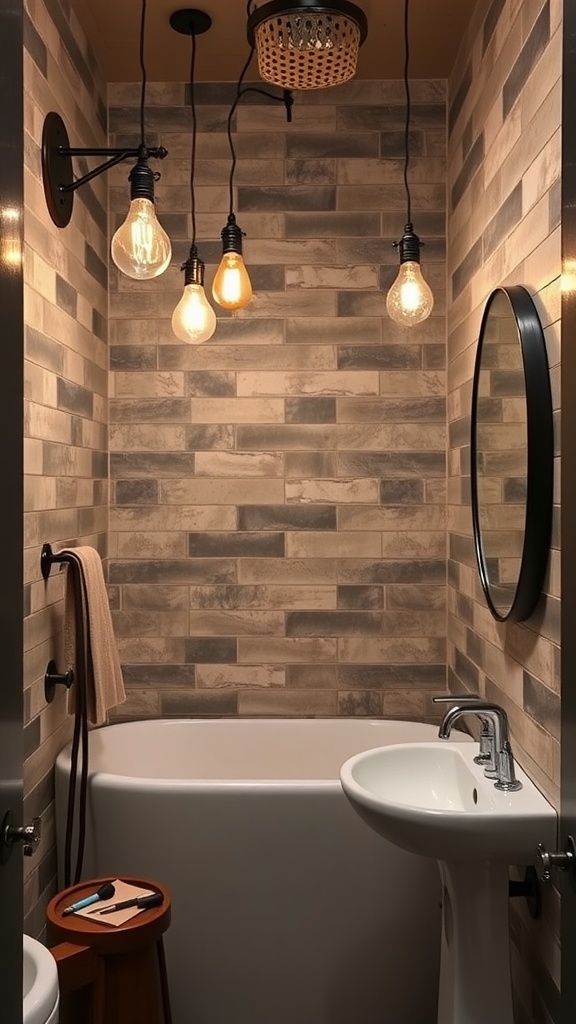 A small bathroom featuring industrial-style light bulbs hanging from the ceiling, with warm light illuminating rustic tiled walls.