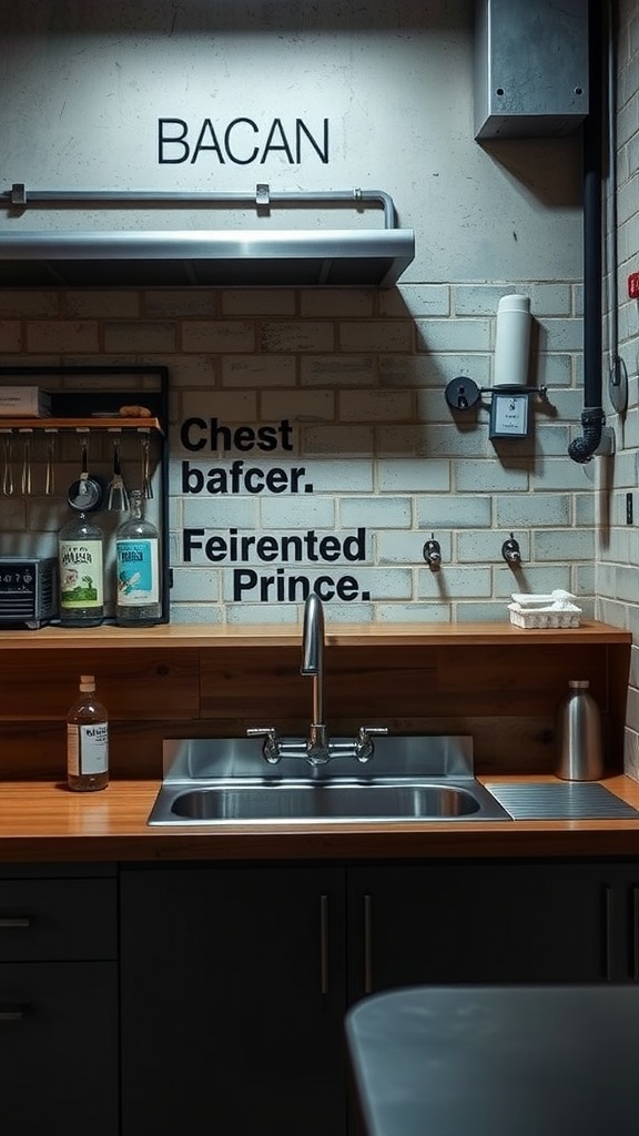 A modern kitchen sink area with industrial-style overhead lighting and a unique design.