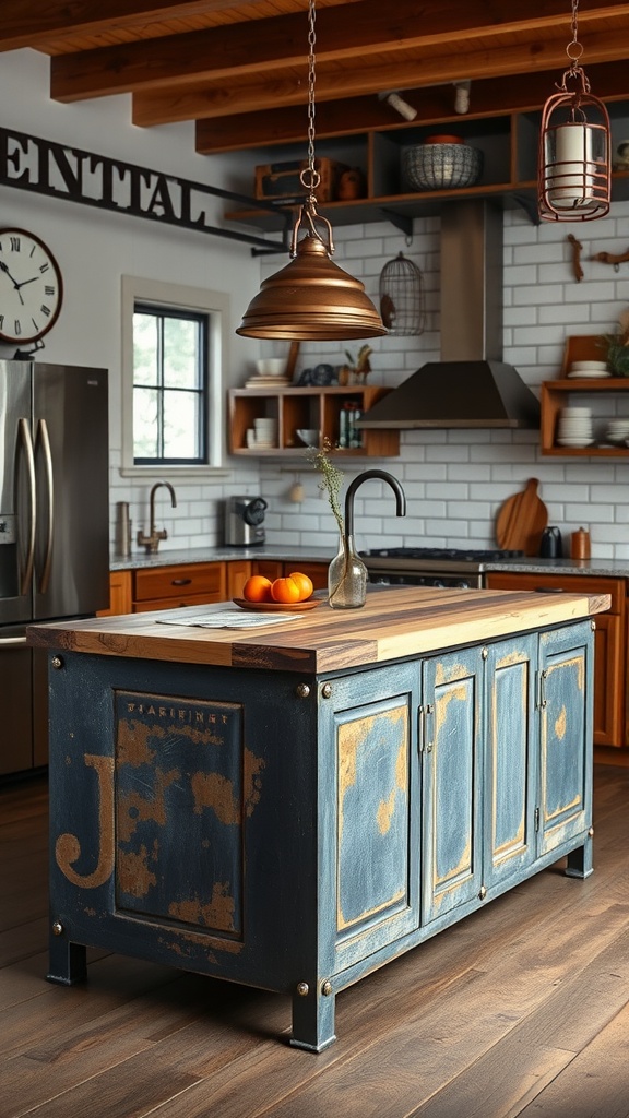 A weathered blue kitchen island with metal accents in a modern kitchen