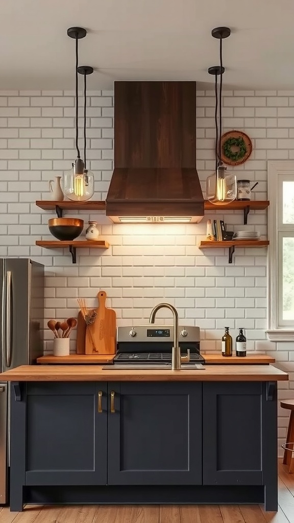 Modern kitchen featuring industrial-style pendant lighting above an island, showcasing a blend of wood and dark cabinetry.