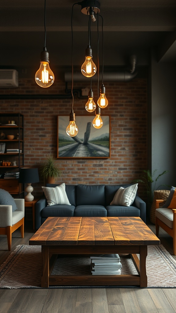 A modern living room featuring Edison bulbs hanging from the ceiling, a wooden coffee table, and a brick wall.