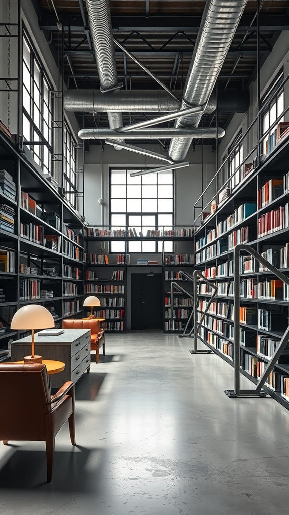 Interior of an industrial chic library with steel accents, featuring tall bookshelves, leather chairs, and large windows.