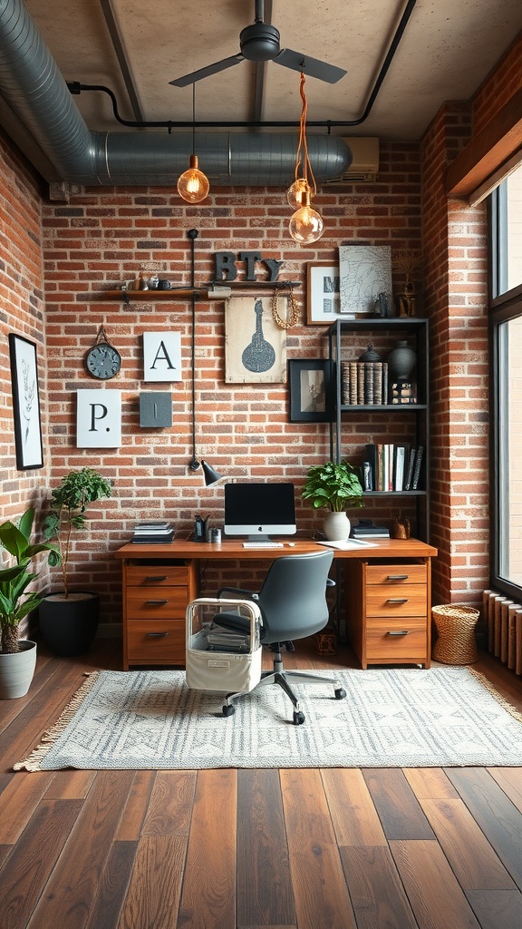 An industrial chic loft office with exposed brick walls, wooden furniture, and a modern desk setup.