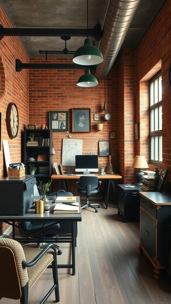 An industrial chic home office with exposed brick walls, modern furniture, and warm lighting.