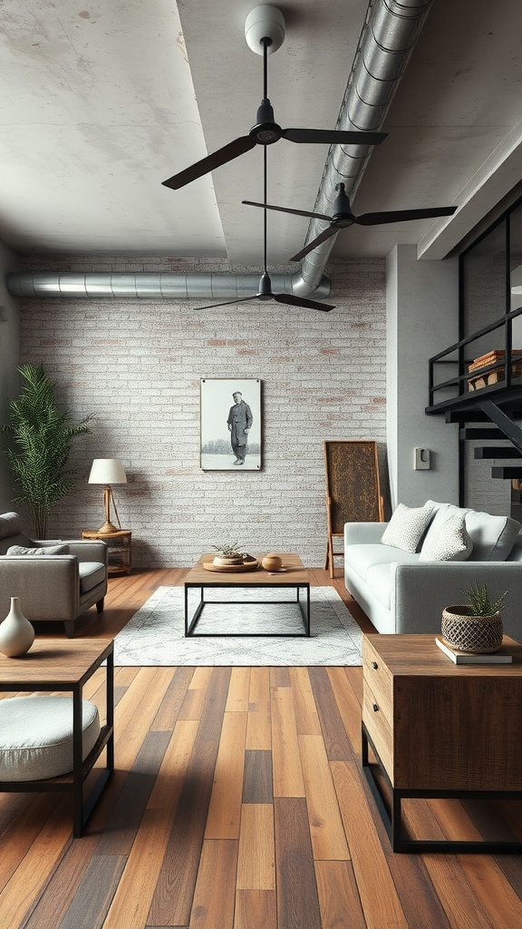 A stylish living room-dining room combo with industrial decor featuring exposed brick, wooden flooring, and modern furniture.