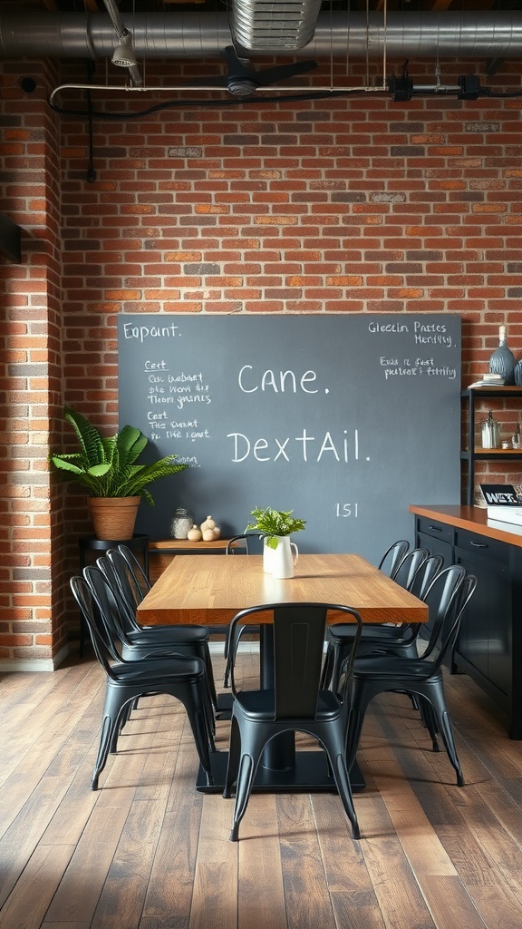 A chic industrial dining room featuring an exposed brick wall, a wooden table, black metal chairs, and a potted plant.