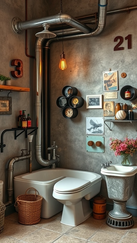 A stylish industrial chic bathroom with exposed pipes and vintage decor.