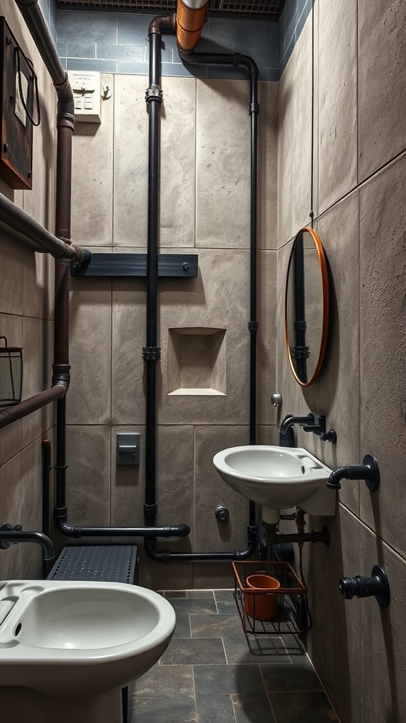 An industrial chic guest bathroom featuring exposed pipes, two sinks, and minimalist decor.