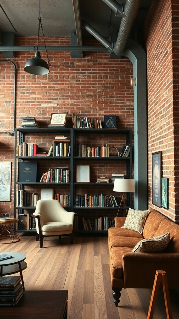 A cozy industrial-style home library with exposed brick walls, metal accents, and wooden floors.