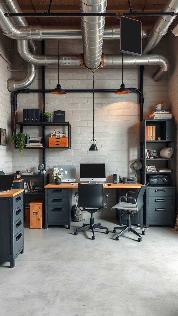 An industrial style home office featuring metal ducting, wooden furniture, and modern lighting.