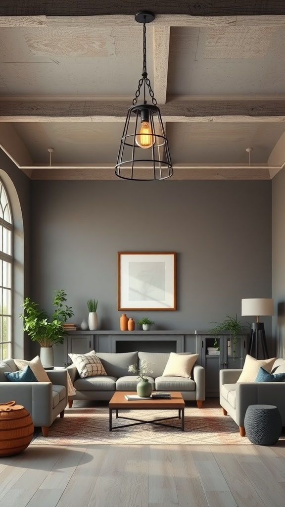 Living room featuring an industrial lighting fixture in a grey modern farmhouse style