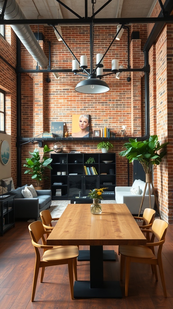 Cozy living room dining room combo featuring industrial loft design with brick walls and wooden furniture.