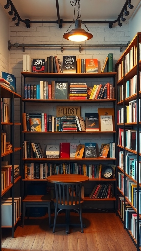 Cozy industrial style book corner with shelves full of books and a small wooden table.