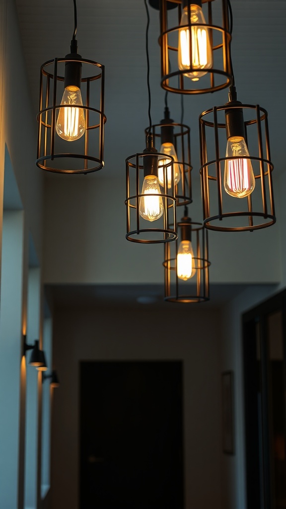 A collection of industrial style lanterns hanging in a hallway.