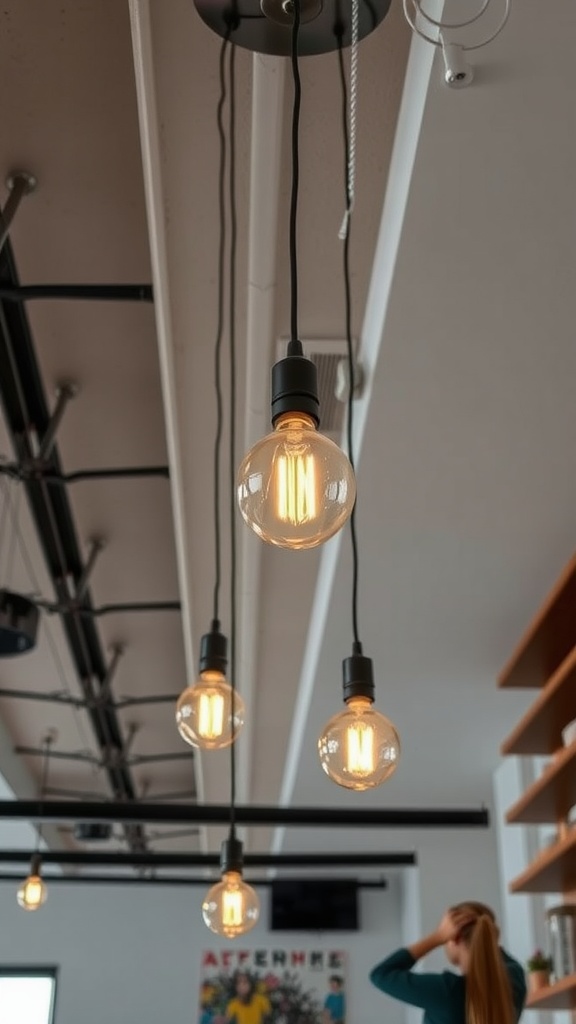 Industrial style pendant lights with exposed bulbs in a modern interior setting